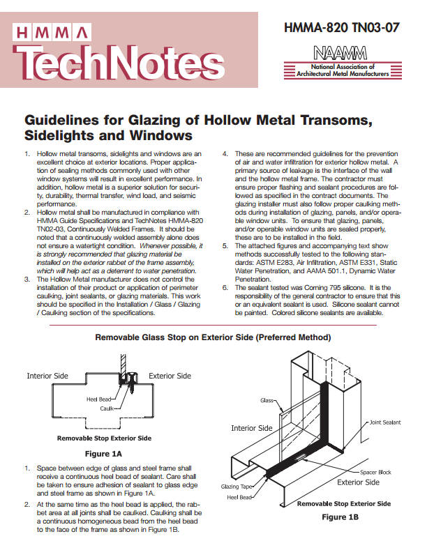 Guidelines for Glazing Hollow Metal Transoms, Sidelights and Windows
